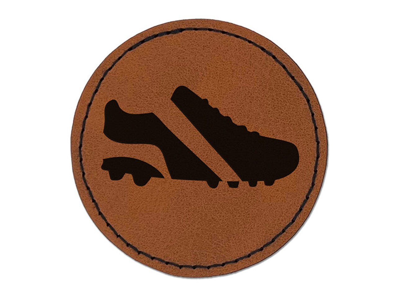 Soccer Football Cleats Sports Shoes Round Iron-On Engraved Faux Leather Patch Applique - 2.5"